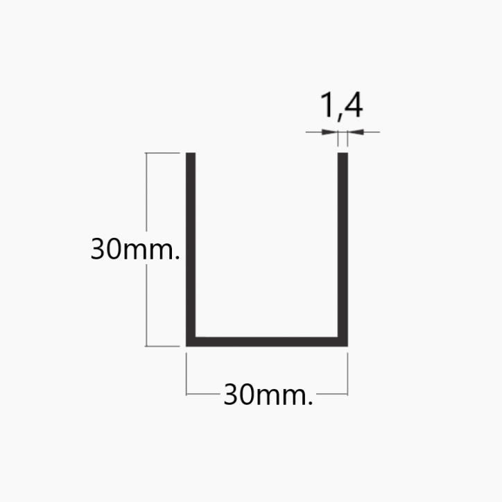 Perfil U 30mm. en aluminio